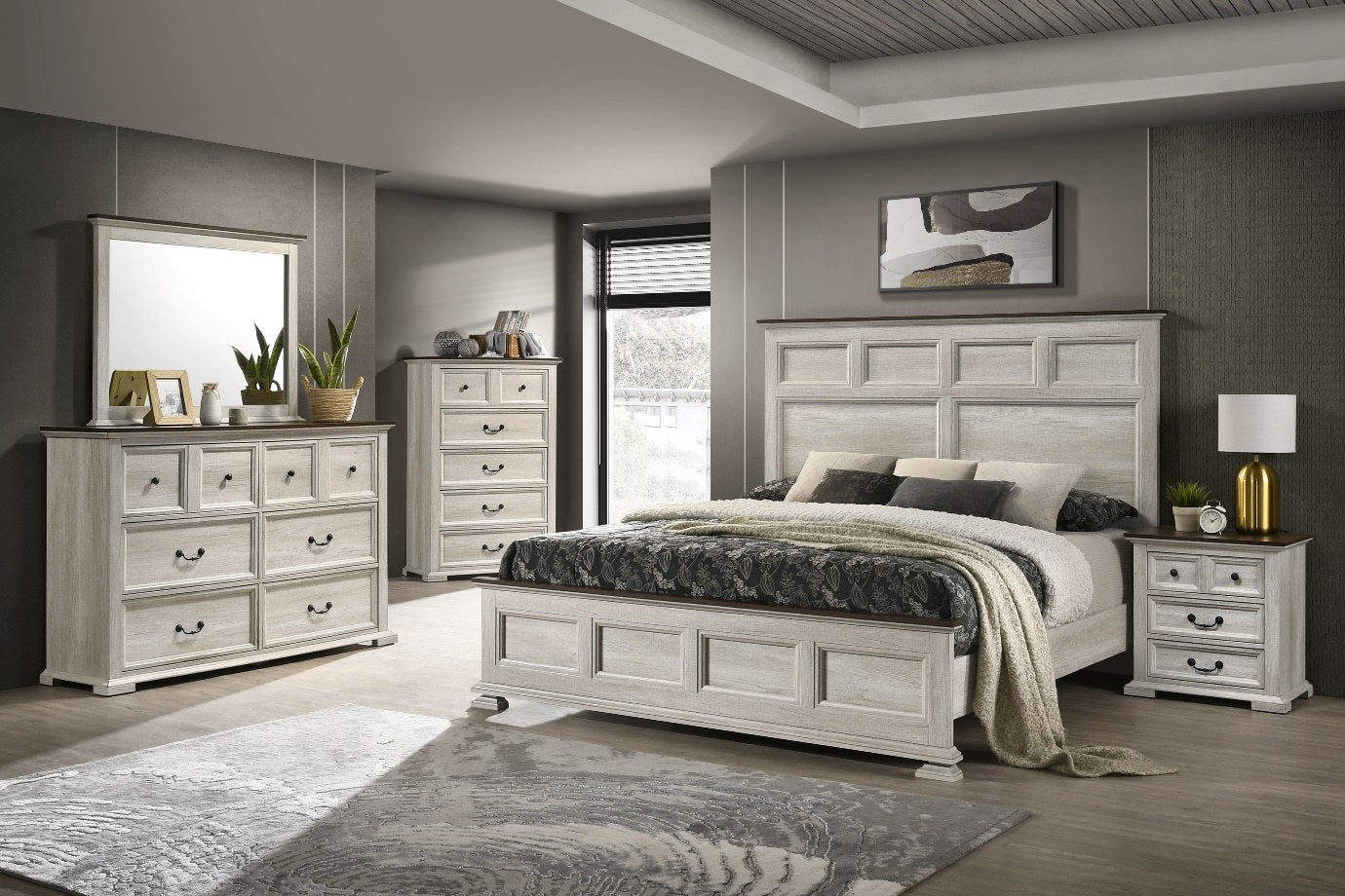 {'index': 2, 'type': 'main', 'description': 'Frontal view of the Lifestyle Furniture nightstand, showcasing its distressed white finish, contrasting dark brown top, and three paneled drawers with antique-style pulls, positioned elegantly beside a bed.'}