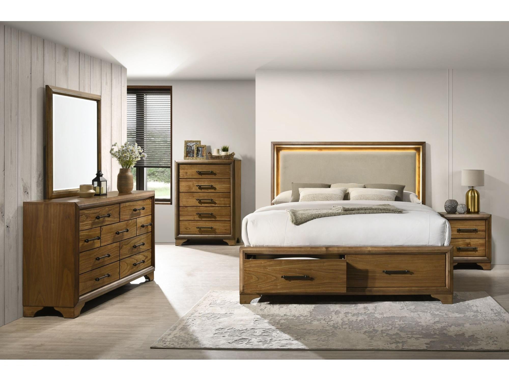 {'index': 6, 'type': 'main', 'description': 'A close-up front view of the 2-drawer nightstand, prominently showcasing its natural wood finish, dark metal bar pulls, and sturdy construction beside a bed.'}