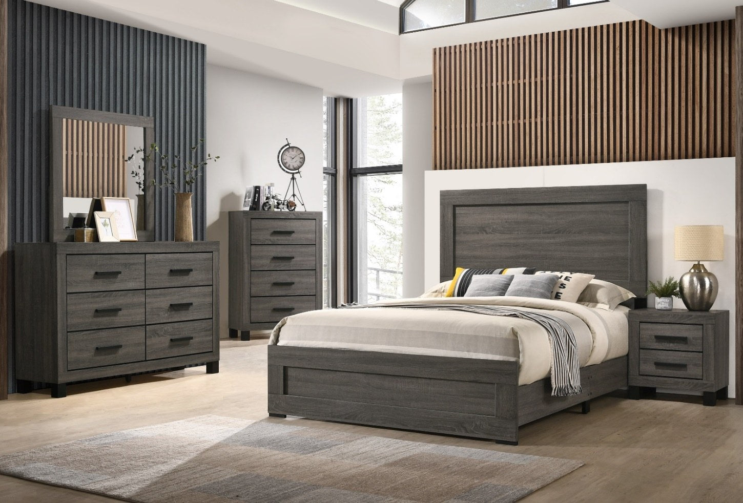 {'index': 6, 'type': 'main', 'description': 'Clear, front-angle view of the two-drawer nightstand, showcasing its design and position next to the bed.'}