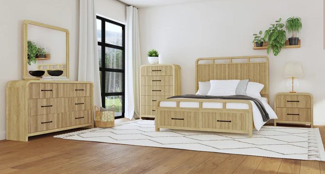 {'index': 1, 'type': 'lifestyle', 'description': 'Full view of the Elements International 2-drawer nightstand in a light wood finish with black hardware, showcased in a natural contemporary bedroom setting.'}