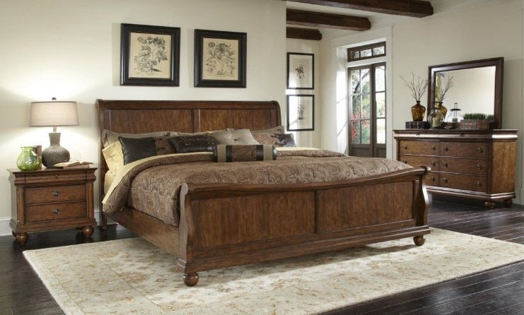 {'index': 0, 'type': 'main', 'description': 'Main product shot showcasing the complete Liberty Furniture sleigh bedroom set including the bed, nightstand, dresser, and mirror in a rustic-traditional setting.'}