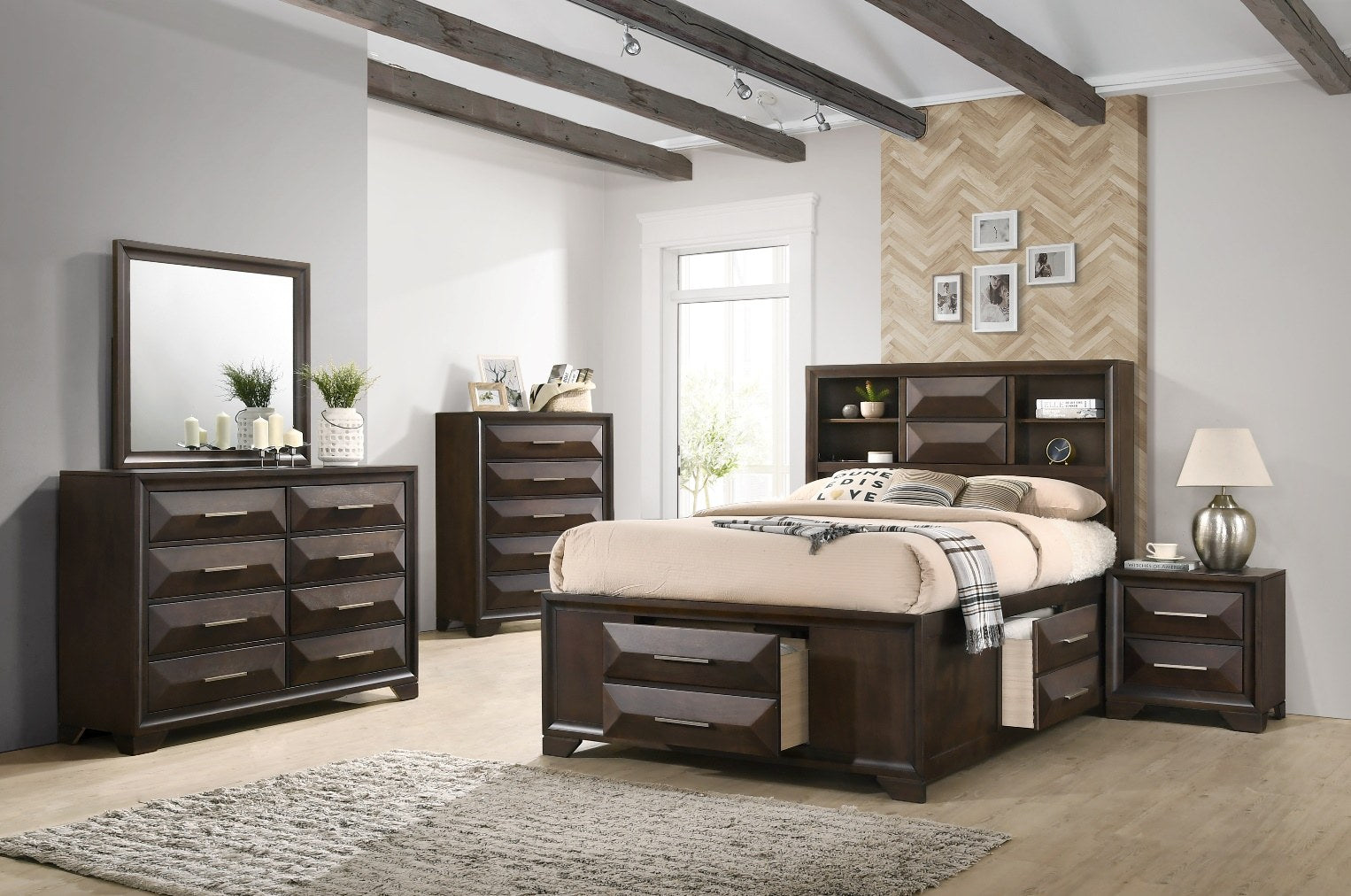 {'index': 3, 'type': 'main', 'description': 'Full front view of the nightstand, showcasing its dark finish and unique drawer fronts as part of a contemporary bedroom setup.'}