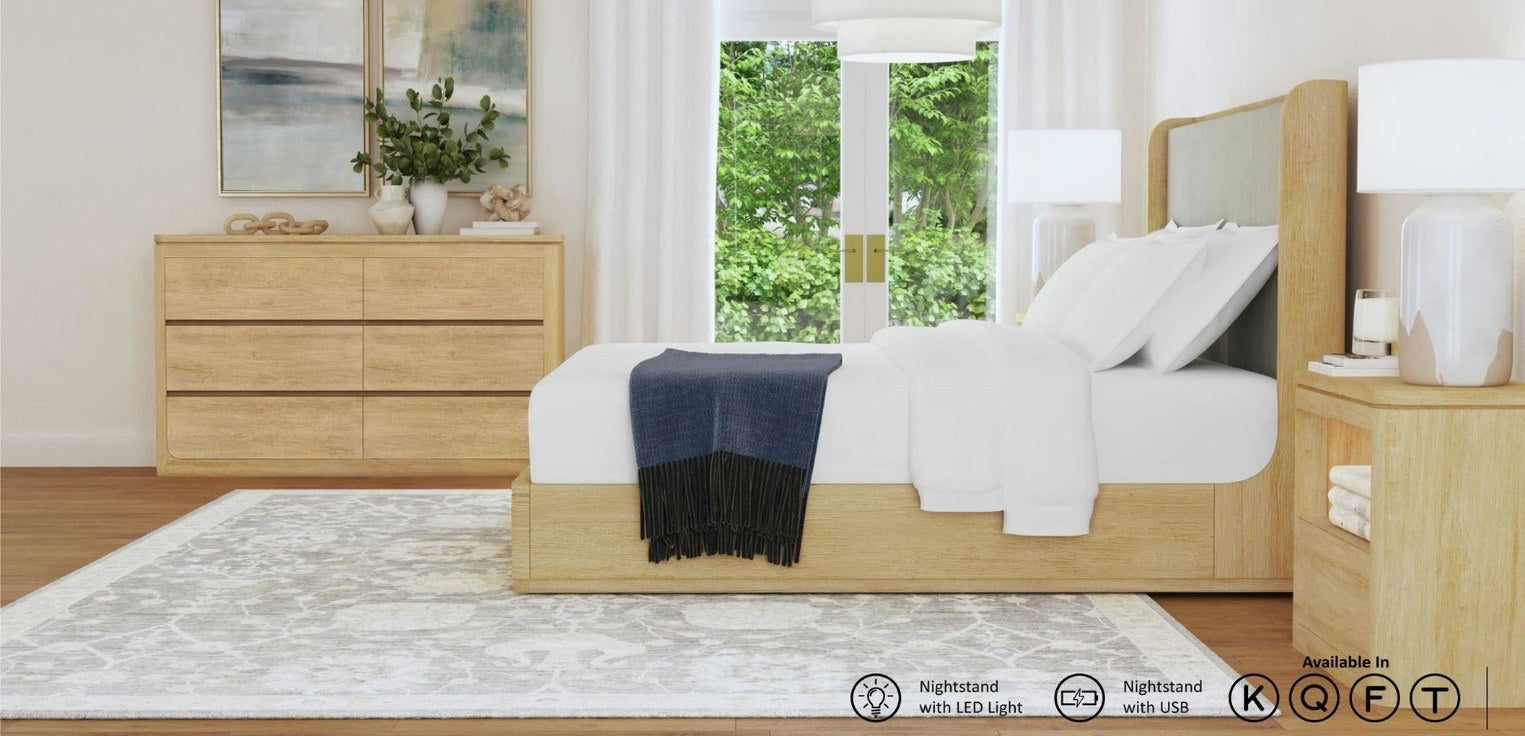 {'index': 1, 'type': 'main/lifestyle', 'description': 'Lifestyle view of a modern bedroom featuring the nightstand next to the bed, highlighting its design and visible feature icons for LED lighting and USB charging.'}