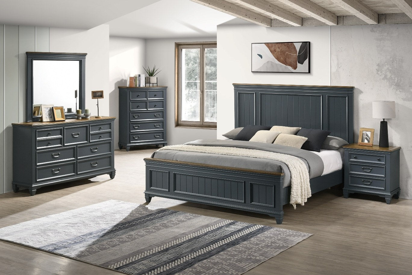 {'index': 6, 'type': 'main', 'description': 'Clear close-up view of the Lifestyle Furniture nightstand, showcasing its dark gray finish, three drawers, and contrasting warm brown wood-look top.'}
