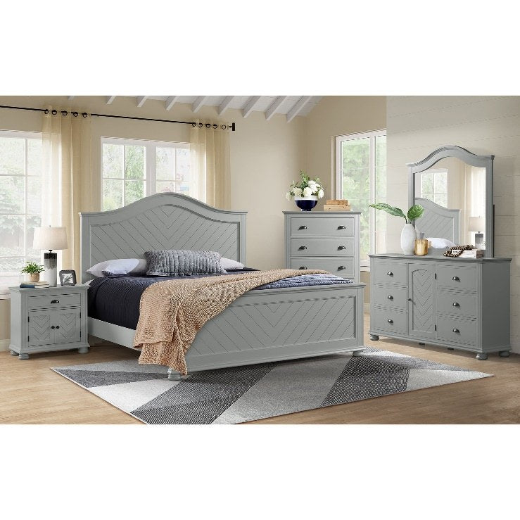 {'index': 1, 'type': 'alternate_color_view', 'description': 'Lifestyle shot of a gray bedroom set, showcasing the nightstand with a herringbone pattern, positioned beside the bed.'}