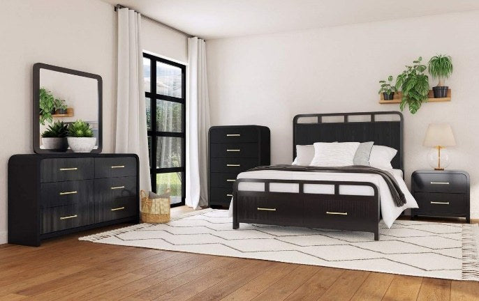 {'index': 0, 'type': 'main', 'description': 'Full view of the Elements International 2-drawer nightstand in a dark wood finish with gold hardware, displayed as part of a modern bedroom set.'}