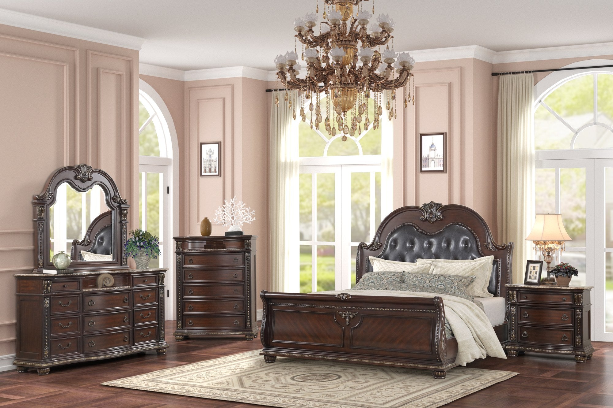 Lifestyle Furniture Cherry Nightstand with a marble top and intricate detailing, positioned on the right side of a luxurious traditional bedroom set.