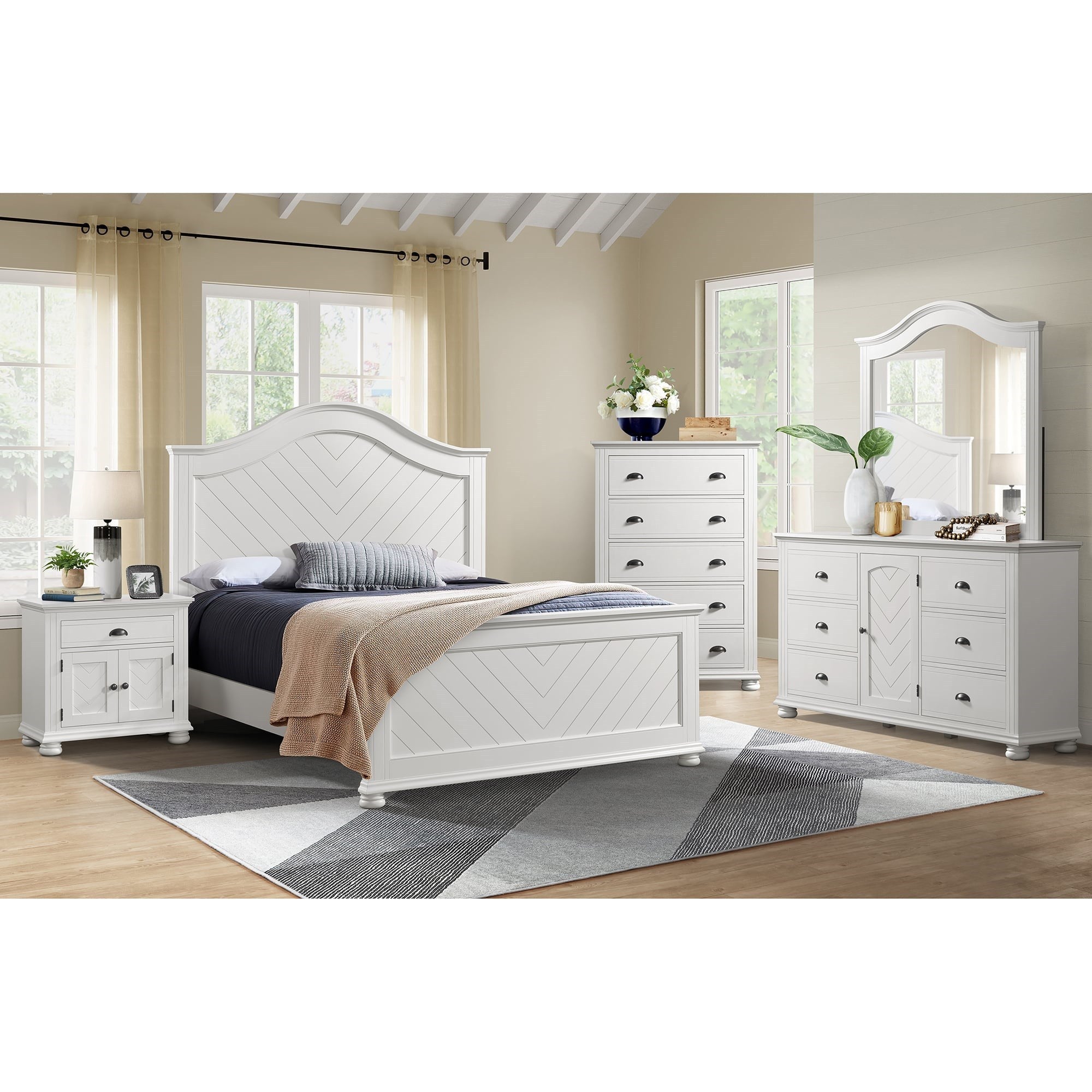 {'index': 0, 'type': 'main', 'description': 'Lifestyle shot of a white bedroom set, highlighting the nightstand with a herringbone pattern, positioned beside the bed.'}