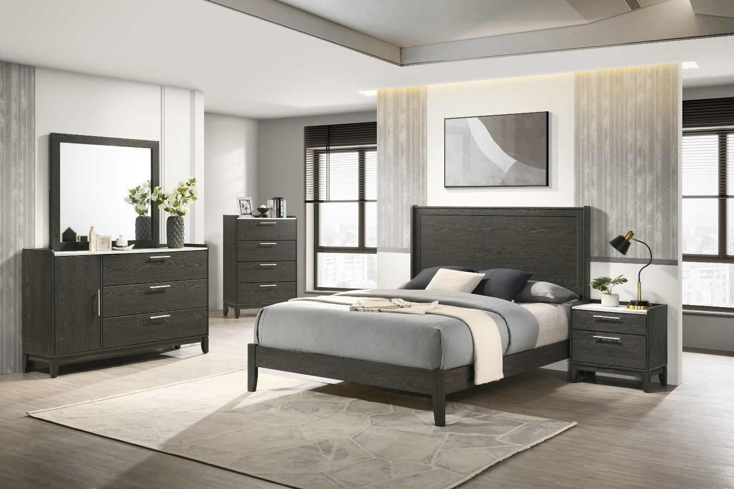 {'index': 5, 'type': 'main', 'description': 'Clear, direct front-angle view of the dark gray nightstand, featuring its two drawers, light-colored top, and matching tapered legs.'}