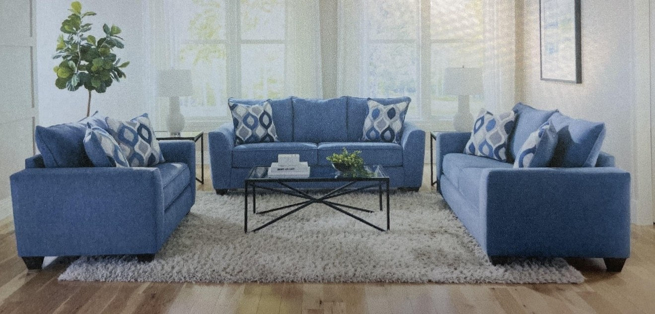 {'index': 0, 'type': 'lifestyle', 'description': "Full living room scene featuring the Albany blue fabric loveseat, matching sofa, and armchair, showcasing the complete set's style and scale within a bright, modern home setting with light walls and large windows."}